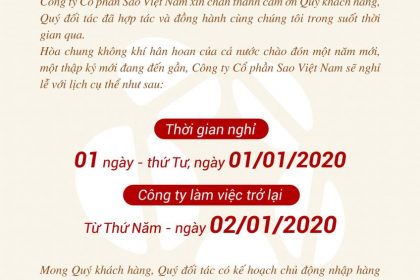 Công ty CP Sao Việt Nam Thông báo nghỉ Tết dương lịch 2020